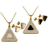Stainless Steel Jewelry Set, earring & necklace, with Rhinestone Clay Pave & Crystal, with 2Inch extender chain, Triangle, gold color plated, oval chain & for woman & faceted 2mm Approx 18 Inch 