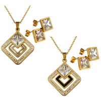 Stainless Steel Jewelry Set, earring & necklace, with Rhinestone Clay Pave & Crystal, Rhombus, gold color plated & oval chain & for woman & faceted 2mm Approx 19 Inch 