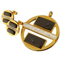 Stainless Steel Jewelry Set, pendant & earring, with Rhinestone Clay Pave & Resin, Flat Round, gold color plated, for woman  Approx 5mm 