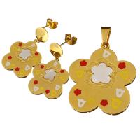 Stainless Steel Jewelry Set, pendant & earring, with White Shell, Flower, gold color plated, for woman & enamel 31mm Approx 