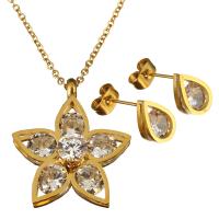 Stainless Steel Jewelry Set, earring & necklace, with Crystal, Flower, gold color plated, oval chain & for woman & faceted 1.5mm Approx 18 Inch 
