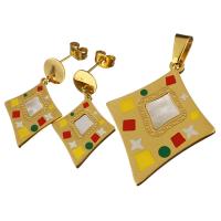 Stainless Steel Jewelry Set, pendant & earring, with White Shell, Rhombus, gold color plated, for woman & enamel 31mm Approx 