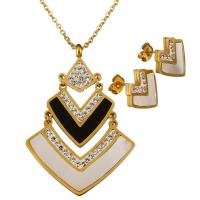 Stainless Steel Jewelry Set, earring & necklace, with Rhinestone Clay Pave & White Shell & Resin, gold color plated, oval chain & for woman 2mm Approx 20 Inch 
