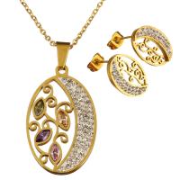 Stainless Steel Jewelry Set, earring & necklace, with Rhinestone Clay Pave & Crystal, Flat Oval, gold color plated, oval chain & for woman & faceted & hollow 2mm Approx 19 Inch 