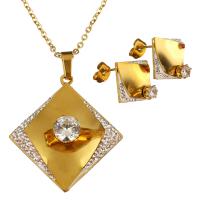 Stainless Steel Jewelry Set, earring & necklace, with Rhinestone Clay Pave, Rhombus, gold color plated, oval chain & for woman & with rhinestone 2mm Approx 19 Inch 