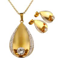 Stainless Steel Jewelry Set, earring & necklace, with Rhinestone Clay Pave, Teardrop, gold color plated, oval chain & for woman & with rhinestone 2mm Approx 20 Inch 