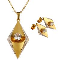 Stainless Steel Jewelry Set, earring & necklace, with Rhinestone Clay Pave, Rhombus, gold color plated, oval chain & for woman 2mm Approx 20 Inch 
