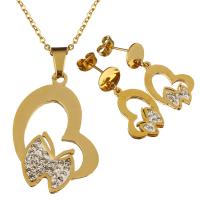 Stainless Steel Jewelry Set, earring & necklace, with Rhinestone Clay Pave, Butterfly, gold color plated, oval chain & for woman 2mm, 28mm Approx 20 Inch 