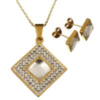 Stainless Steel Jewelry Set, earring & necklace, with Rhinestone Clay Pave & Crystal, Rhombus, gold color plated, oval chain & for woman & faceted 1.5mm Approx 18 Inch 