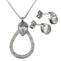 Stainless Steel Jewelry Set, earring & necklace, with Crystal, Teardrop, oval chain & for woman & faceted, original color 2mm Approx 18 Inch 