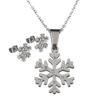 Rhinestone stainless steel Jewelry Set, earring & necklace, with 2Inch extender chain, Snowflake, oval chain & for woman & with rhinestone, original color 2mm Approx 18 Inch 