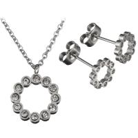 Rhinestone stainless steel Jewelry Set, earring & necklace, Flower, oval chain & for woman & with rhinestone, original color 2mm Approx 18 Inch 