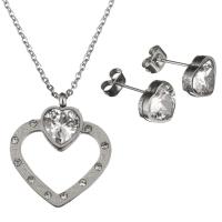 Stainless Steel Jewelry Set, earring & necklace, with Crystal, Heart, oval chain & for woman & faceted, original color 2mm Approx 17 Inch 