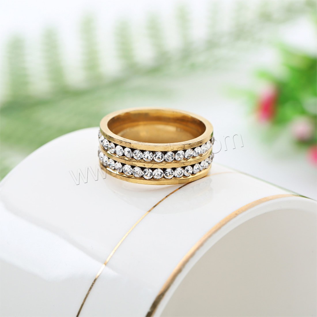 Rhinestone Stainless Steel Finger Ring, gold color plated, Unisex & different size for choice & with rhinestone, Sold By PC