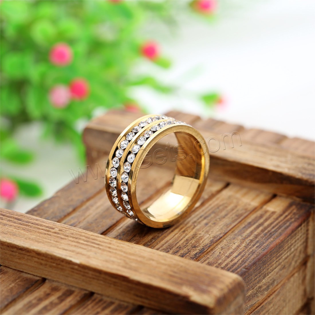 Rhinestone Stainless Steel Finger Ring, gold color plated, Unisex & different size for choice & with rhinestone, Sold By PC