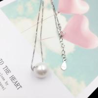 925 Sterling Silver Necklace, with Shell Pearl, with 0.8lnch extender chain, Round, platinum plated, box chain & for woman, 10mm Approx 15.7 Inch 