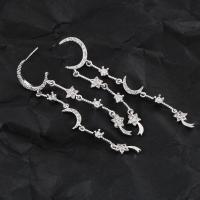 Brass Drop Earring, Moon and Star, real silver plated, for woman & with rhinestone, lead & cadmium free 