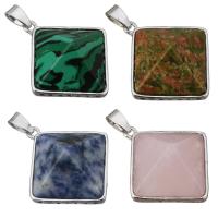 Gemstone Brass Pendants, with Brass, Square, silver color plated Approx 