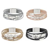 PU Leather Bracelet, with Plastic Pearl & Zinc Alloy, silver color plated, for woman & multi-strand 16mm Approx 8 Inch 