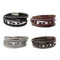 Cowhide Bracelet, with Plastic Pearl & Zinc Alloy, silver color plated, for woman & with rhinestone & multi-strand 16mm Approx 16 Inch 