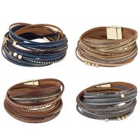 Cowhide Bracelets, with Zinc Alloy, gold color plated, for woman & with rhinestone & multi-strand 17mm Approx 15 Inch 