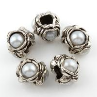 Zinklegierung European Perlen, mit ABS-Kunststoff-Perlen, Blume, antik silberfarben plattiert, ohne troll, frei von Blei & Kadmium, 13x10mm, Bohrung:ca. 4mm, 10PCs/Tasche, verkauft von Tasche