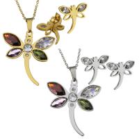 Stainless Steel Jewelry Set, earring & necklace, with Crystal, Dragonfly, plated, oval chain & for woman & faceted 1.5mm Approx 17 Inch 