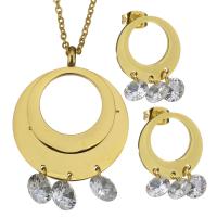 Stainless Steel Jewelry Set, sweater chain necklace & earring, with Crystal, Donut, gold color plated, oval chain & for woman & faceted 2mm Approx 23 Inch 