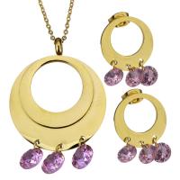 Stainless Steel Jewelry Set, earring & necklace, with Crystal, Donut, gold color plated, oval chain & for woman & faceted 1.5mm Approx 17 Inch 