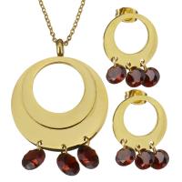 Stainless Steel Jewelry Set, earring & necklace, with Crystal, with 2Inch extender chain, Donut, gold color plated, oval chain & for woman & faceted 1.5mm Approx 17 Inch 