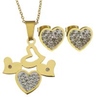 Stainless Steel Jewelry Set, earring & necklace, with Rhinestone Clay Pave, with 2Inch extender chain, Heart, gold color plated, oval chain & for woman 1.5mm Approx 16 Inch 