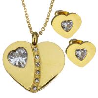 Stainless Steel Jewelry Set, earring & necklace, with Crystal, with 2Inch extender chain, Heart, gold color plated, oval chain & for woman & faceted 1.5mm Approx 19 Inch 