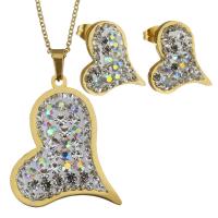 Rhinestone stainless steel Jewelry Set, earring & necklace, with Rhinestone Clay Pave, Heart, gold color plated, oval chain & for woman 1.5mm Approx 18 Inch 
