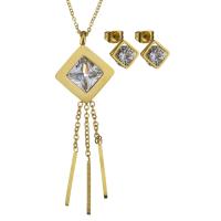 Stainless Steel Jewelry Set, earring & necklace, with Crystal, Rhombus, gold color plated, oval chain & for woman & faceted, 70mm 1.5mm Approx 17 Inch 