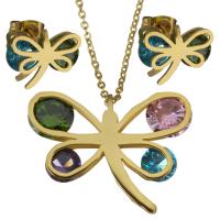 Stainless Steel Jewelry Set, earring & necklace, with Crystal, Dragonfly, gold color plated, oval chain & for woman & faceted 1.5mm Approx 17 Inch 