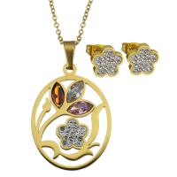 Rhinestone stainless steel Jewelry Set, earring & necklace, with Rhinestone Clay Pave & Crystal, Flower, gold color plated, oval chain & for woman & faceted 1.5mm Approx 17 Inch 