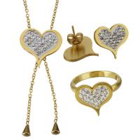 Rhinestone stainless steel Jewelry Set, finger ring & earring & necklace, with Rhinestone Clay Pave, Heart, gold color plated, oval chain & for woman 1.5mm 14mm, US Ring  Approx 17 Inch 