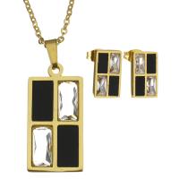 Stainless Steel Jewelry Set, earring & necklace, with Crystal & Resin, Rectangle, gold color plated, oval chain & for woman & faceted 2mm Approx 19 Inch 