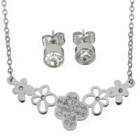 Rhinestone stainless steel Jewelry Set, earring & necklace, with Rhinestone Clay Pave, Flower, oval chain & for woman, original color 2mm, 6mm Approx 18 Inch 