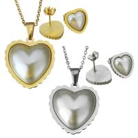 Stainless Steel Jewelry Set, earring & necklace, with Resin Pearl, Heart, plated, oval chain & for woman 2mm Approx 17 Inch 