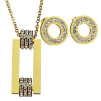 Stainless Steel Jewelry Set, earring & necklace, with Rhinestone Clay Pave, gold color plated, oval chain & for woman 2mm, 15mm Approx 17 Inch 