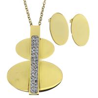 Stainless Steel Jewelry Set, earring & necklace, with Rhinestone Clay Pave, Flat Oval, gold color plated, oval chain & for woman 2mm Approx 17 Inch 