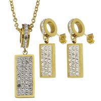 Rhinestone stainless steel Jewelry Set, earring & necklace, with Rhinestone Clay Pave, Rectangle, gold color plated, oval chain & for woman, 38mm 2mm, 30mm Approx 17 Inch 