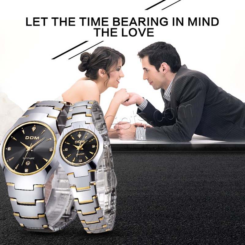 DOM® Collection de montres, Acier de tungstène, avec verre & acier inoxydable, mouvement japonais, Placage, Résistant à l’eau de vie & unisexe & normes différentes pour le choix & pour le couple & avec strass, plus de couleurs à choisir, Vendu par PC