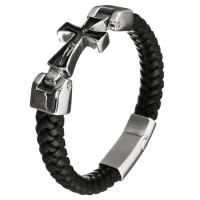 Stainless Steel Bracelet, with Leather, Cross, for man & blacken 12mm Approx 9 Inch 