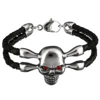 Stainless Steel Bracelet, with Leather, Skull, Unisex & with rhinestone & , original color, 30mm, 5mm Approx 9 Inch 