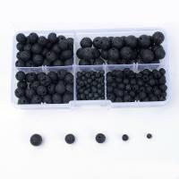 Natürliche Lava Perlen, mit Kunststoff Kasten, rund, schwarz, 4-12mm, 132x72x23mm, Bohrung:ca. 1mm, 270PCs/Box, verkauft von Box