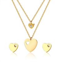Rhinestone stainless steel Jewelry Set, Stud Earring & necklace, Heart, gold color plated, Double Layer & oval chain & for woman & with rhinestone  Approx 19 Inch 