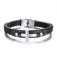 Leather Bracelet, with Stainless Steel, Cross, for man, 9.6mm Approx 8 Inch 