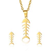 Fashion Stainless Steel Jewelry Sets, Stud Earring & necklace, Fish Bone, gold color plated, oval chain & for woman  Approx 18 Inch 